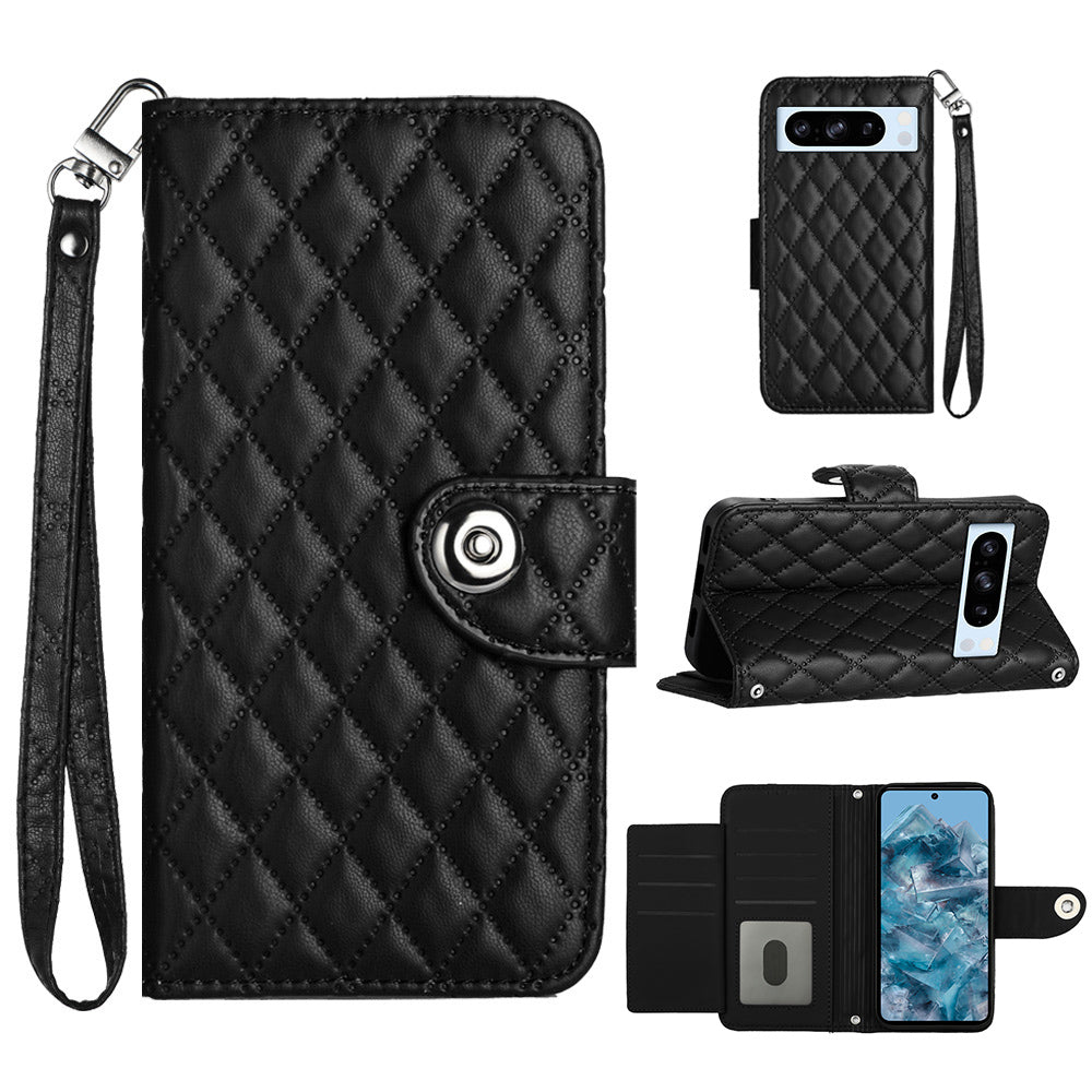 YB Imprinting Series-8 for Google Pixel 8 Pro Case Wallet Rhombus Pattern Phone Cover with Handy Strap YB Imprinting Series-8 for Google Pixel 8 Pro Case Wallet Rhombus Pattern Phone Cover with Handy Strap